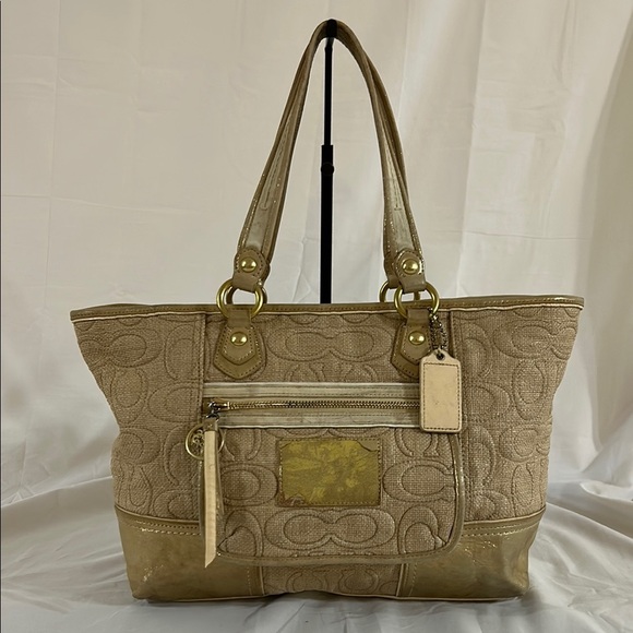 EUC Coach 16706 Poppy Signature Glam Tote Metallic Gold & Cream Canvas - Picture 1 of 11